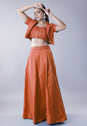 Embroidered Art Dupion Silk Lehenga in Rust
