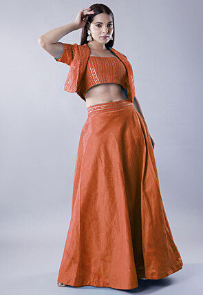 Embroidered Art Dupion Silk Lehenga in Rust