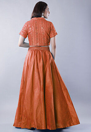 Embroidered Art Dupion Silk Lehenga in Rust