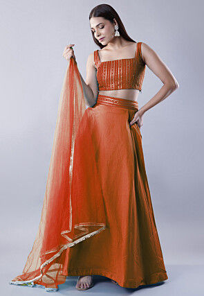 Embroidered Art Dupion Silk Lehenga in Rust