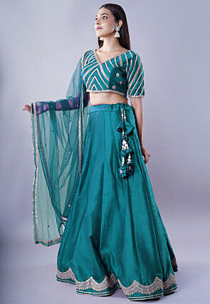 Embroidered Art Dupion Silk Lehenga in Teal Blue