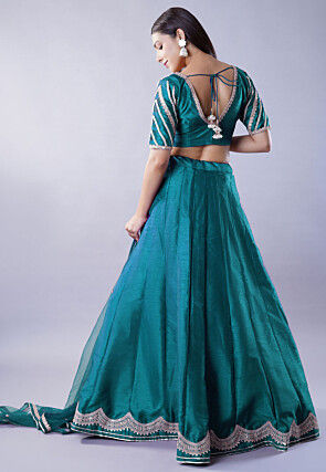 Embroidered Art Dupion Silk Lehenga in Teal Blue
