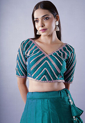 Embroidered Art Dupion Silk Lehenga in Teal Blue