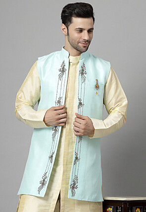 Embroidered Dupion Silk Long Jacket in Sky Blue