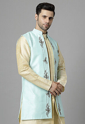 Embroidered Dupion Silk Long Jacket in Sky Blue