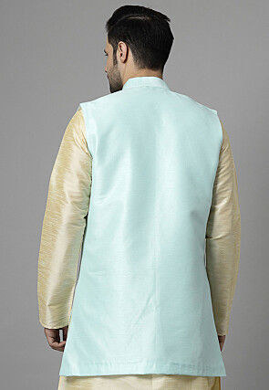 Embroidered Dupion Silk Long Jacket in Sky Blue