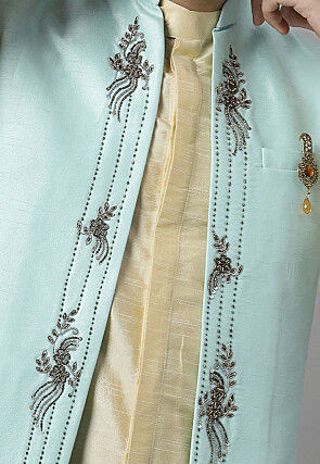 Embroidered Dupion Silk Long Jacket in Sky Blue