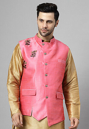 Embroidered Dupion Silk Nehru Jacket in Pink
