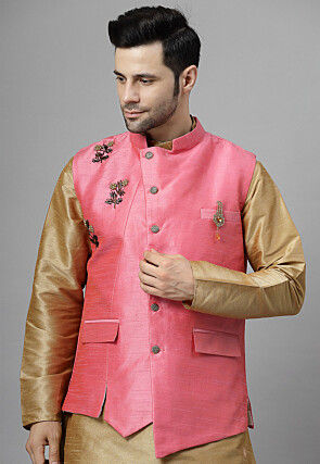 Embroidered Dupion Silk Nehru Jacket in Pink