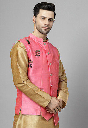 Embroidered Dupion Silk Nehru Jacket in Pink