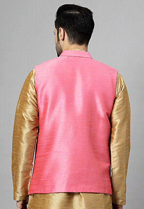 Embroidered Dupion Silk Nehru Jacket in Pink