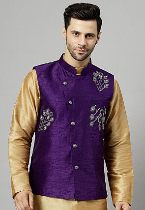 Embroidered Dupion Silk Nehru Jacket in Violet