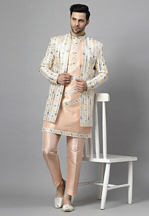 Embroidered Dupion Silk Sherwani in Off White and Off White