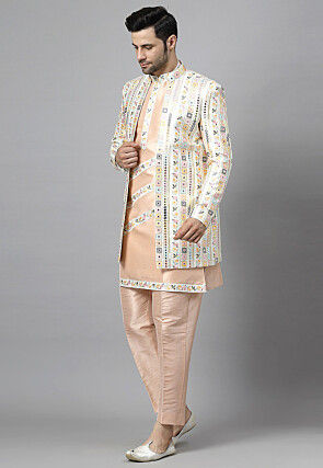 Embroidered Dupion Silk Sherwani in Off White and Off White