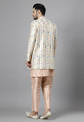 Embroidered Dupion Silk Sherwani in Off White and Off White