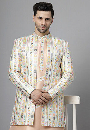 Embroidered Dupion Silk Sherwani in Off White and Off White