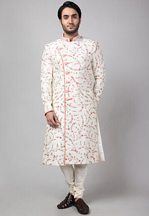 Embroidered Art Dupion Silk Sherwani in Off White