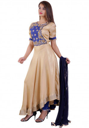 Embroidered Art Georgette Shimmer Abaya Style Suit in Beige