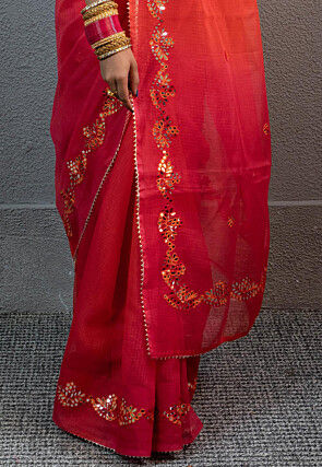 Embroidered Art Kota Silk Saree in Shaded Fuchsia and Orange