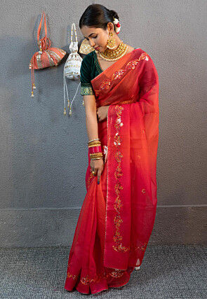 Embroidered Art Kota Silk Saree in Shaded Fuchsia and Orange