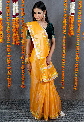 Embroidered Art Kota Tissue Saree in Orange