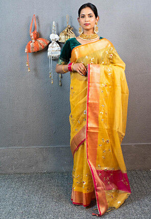 Embroidered Art Kota Tissue Saree in Pink And Yellow