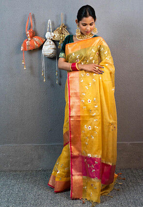 Embroidered Art Kota Tissue Saree in Pink And Yellow