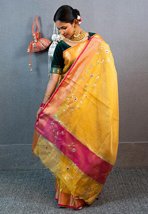 Embroidered Art Kota Tissue Saree in Pink And Yellow