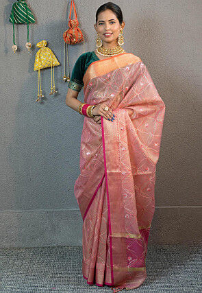 Embroidered Art Kota Tissue Saree in Pink