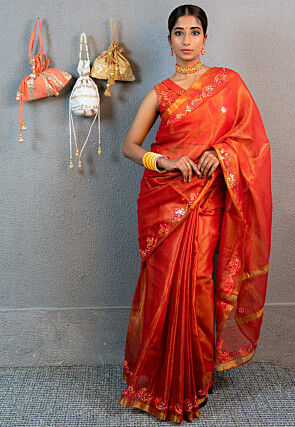 Embroidered Art Kota Tissue Saree in Rust