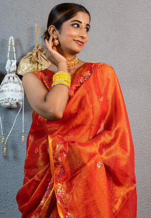 Embroidered Art Kota Tissue Saree in Rust