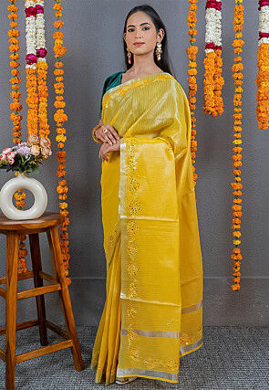 Embroidered Art Kota Tissue Saree in Yellow
