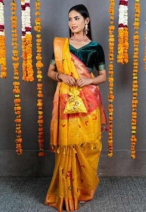 Embroidered Art Kota Tissue Saree in Yellow