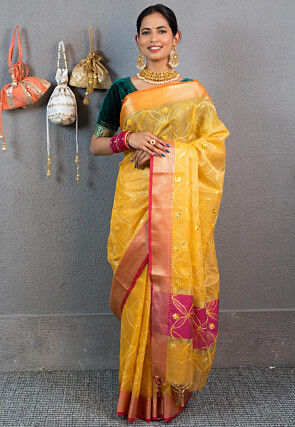 Embroidered Art Kota Tissue Saree in Yellow