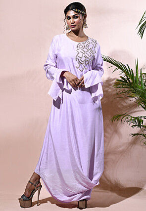 Embroidered Art Modal Silk Cowl Style Maxi Dress in Light Purple