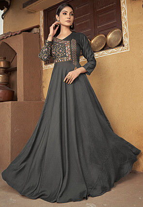 Embroidered Art Muslin Silk Flared Gown in Grey