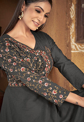 Embroidered Muslin Silk Flared Gown in Grey