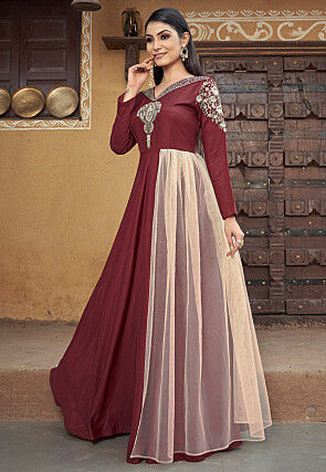 Embroidered Art Muslin Silk Flared Gown in Maroon