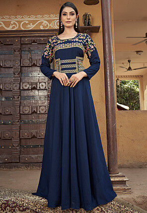 Buy Stylish Indo-western Blue Solid Cotton Gown For Women Online In India  At Discounted Prices
