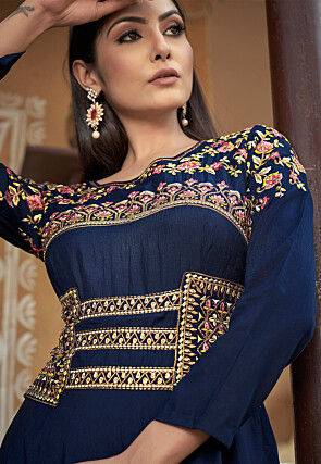 Embroidered Muslin Silk Flared Gown in Navy Blue