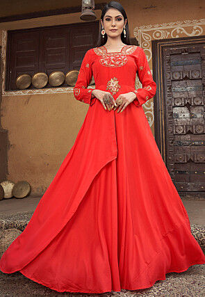 Embroidered Art Muslin Silk Flared Gown in Red