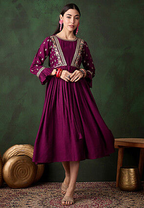 Embroidered Art Silk A Line Dress in Wine