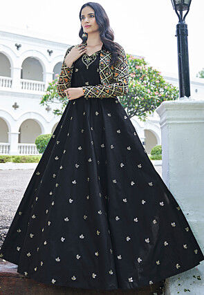 Embroidered Art Silk A Line Gown in Black