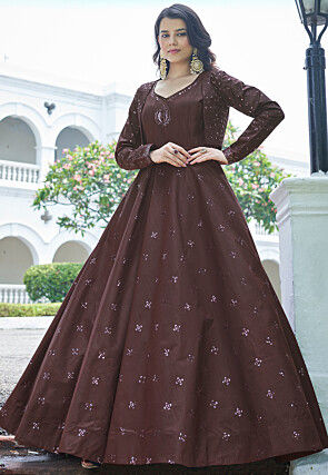 Embroidered Art Silk A Line Gown in Brown
