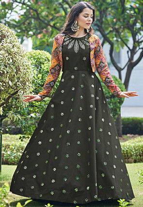 Embroidered Art Silk A Line Gown in Dark Olive Green