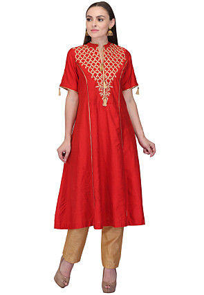 Embroidered Art Silk A Line Kurta and Pant Set in Red