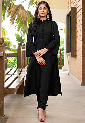 Embroidered Art Silk A Line Kurta in Black