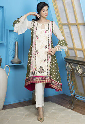 Embroidered Art Silk A Line Kurta in Off White