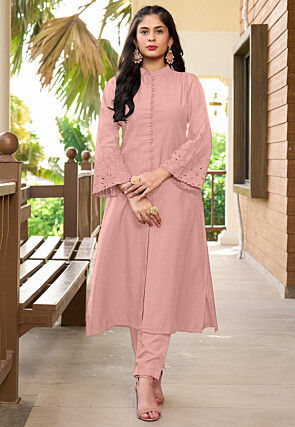 Embroidered Art Silk A Line Kurta in Peach