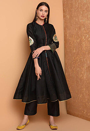 Embroidered Art Silk A Line Kurta Set in Black